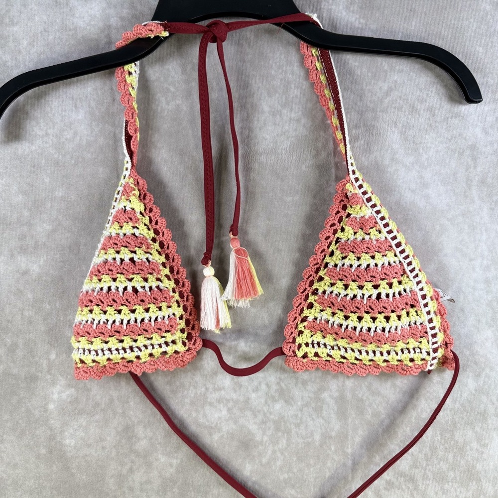 Women Swimwear Boho‎ Crochet Scalloped Festival Yellow Coral Bikini Top Sz Small